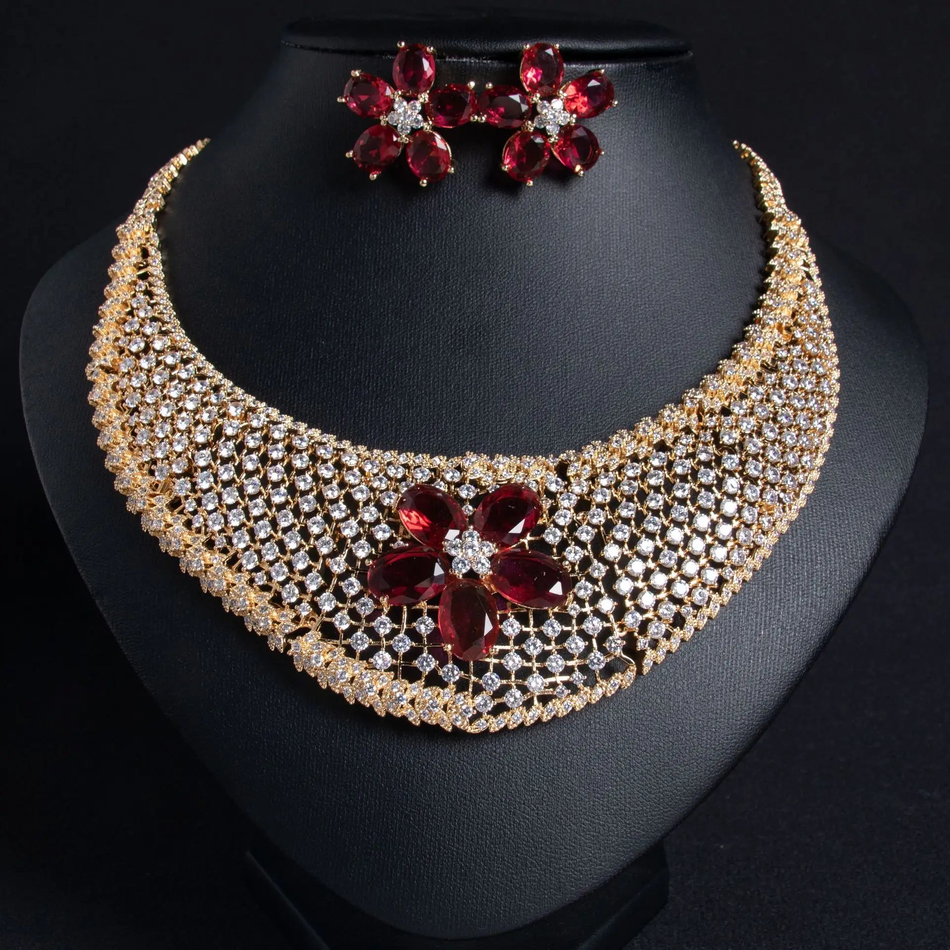 Cubic Zirconia Inlaid Hollow Leaf Flower Pendant Earrings and Necklace Jewelry Set