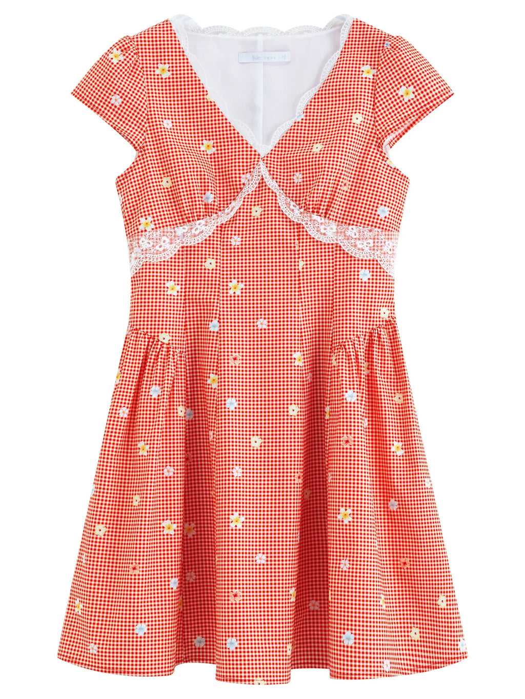 Women's 2026 Summer New Arrival French Pastoral Style V-Neck Lace Spliced Embroidered Dress Openwork Floral Plaid Pattern
