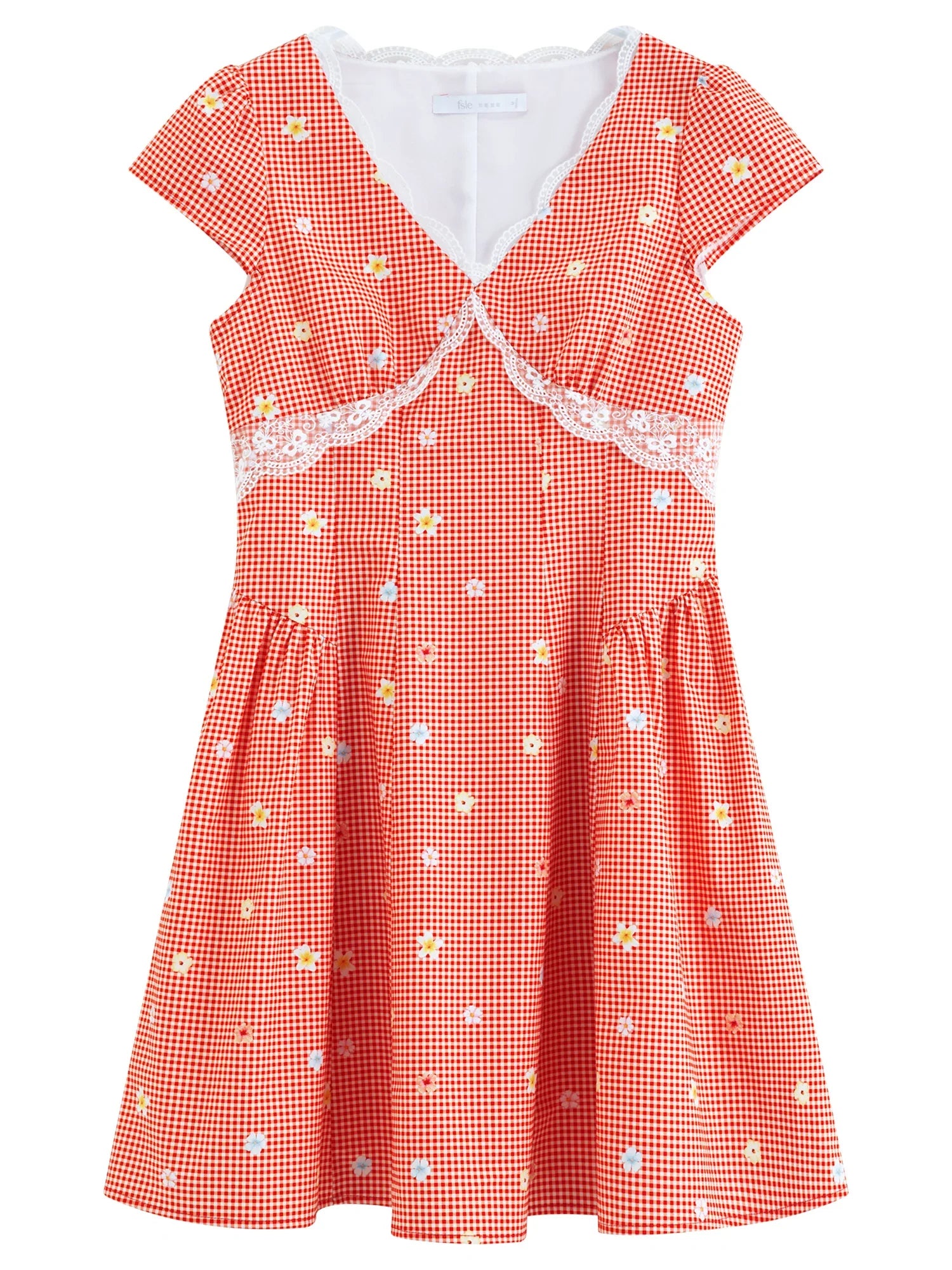Women's 2026 Summer New Arrival French Pastoral Style V-Neck Lace Spliced Embroidered Dress Openwork Floral Plaid Pattern