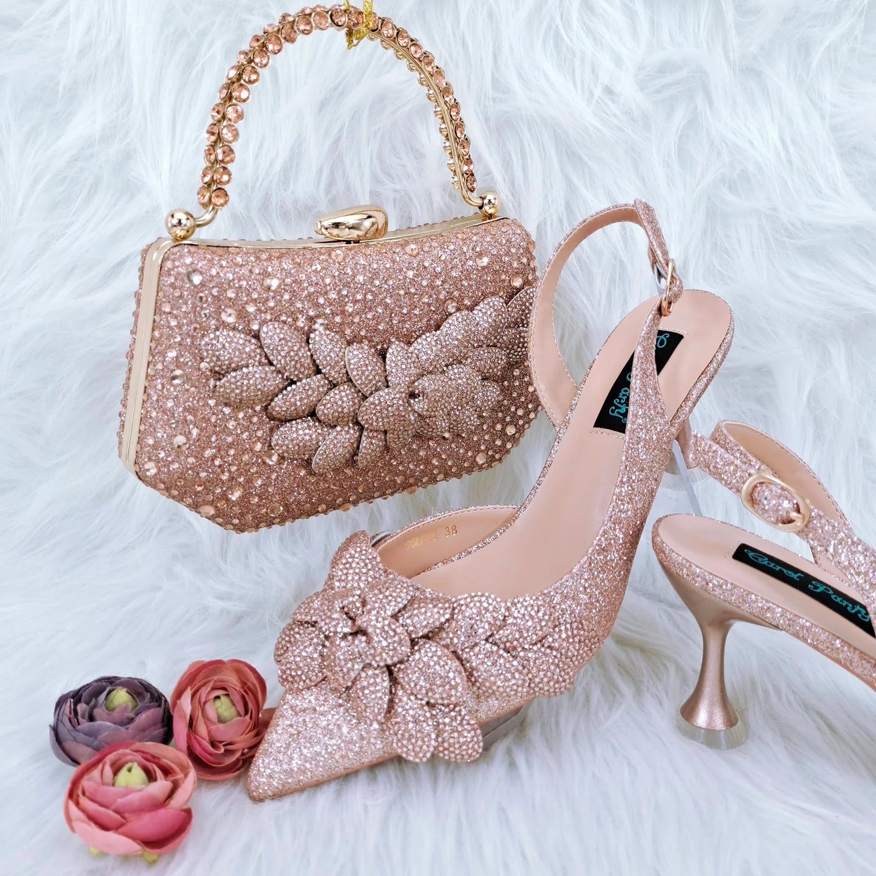 Handmade Garland Gag and Shoes Pointed Toe Pumps Crystal Handle Clutch