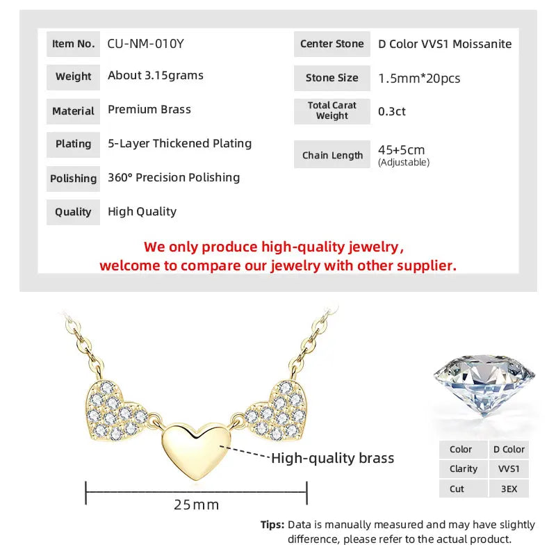 GRA Certified Full Round Moissanite Delicate Love Heart Pendant Necklace for Women 14K Gold Filled Fine Jewelry Gifts