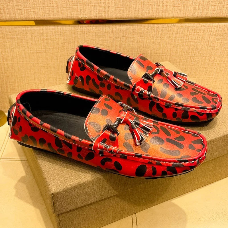 Fashion Red Leopard Leather Casual Shoes Man Designer Tassels Loafers Men Comfortable Slip-on Men's Driving Shoes Large Size 48