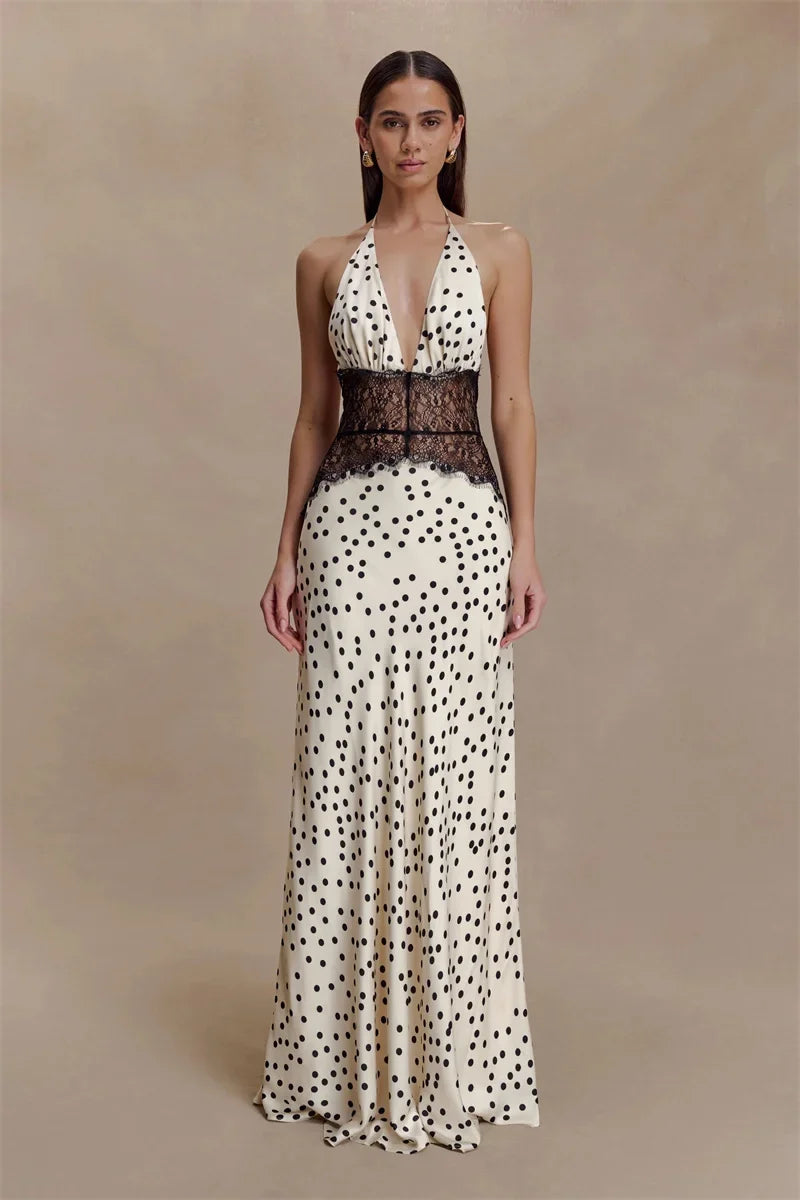 Polka Dot Backless Sexy Maxi Dress Women Gown Elegant Patchwork Lace Halter Deep V Neck Sleeveless Bodycon Club Dress