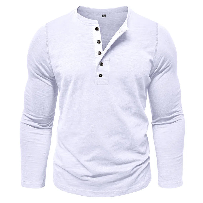 New Autumn Long Sleeve T-Shirt Mens Casual Solid Color Top Henley Neck Slim Versatile Work T-shirt Breathable Outdoor Thin Tee
