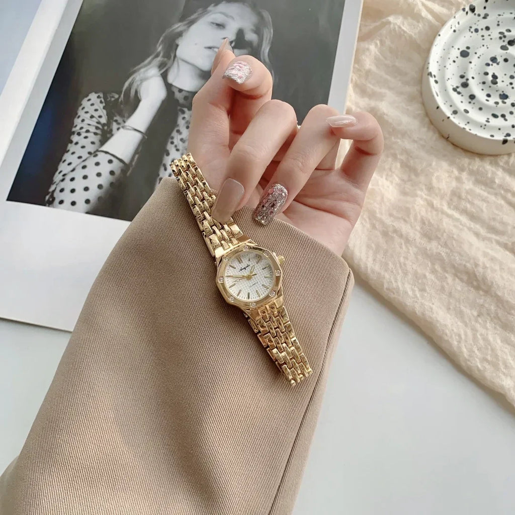 Women's Fashion Round Room Gold Steel Band Quartz Wristwatch Luxury Ladies Golden Watch for Women Clock Female Reloj