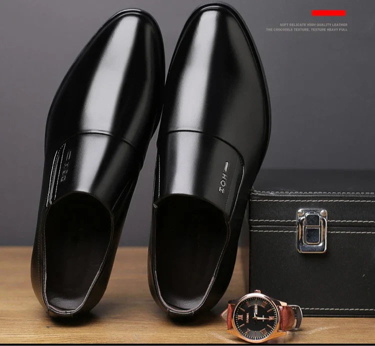 2026 New Men's Leather Slip-On Dress Shoes Formal Business Casual Loafers Male Fashion Non-slip Office Wedding Shoes Man