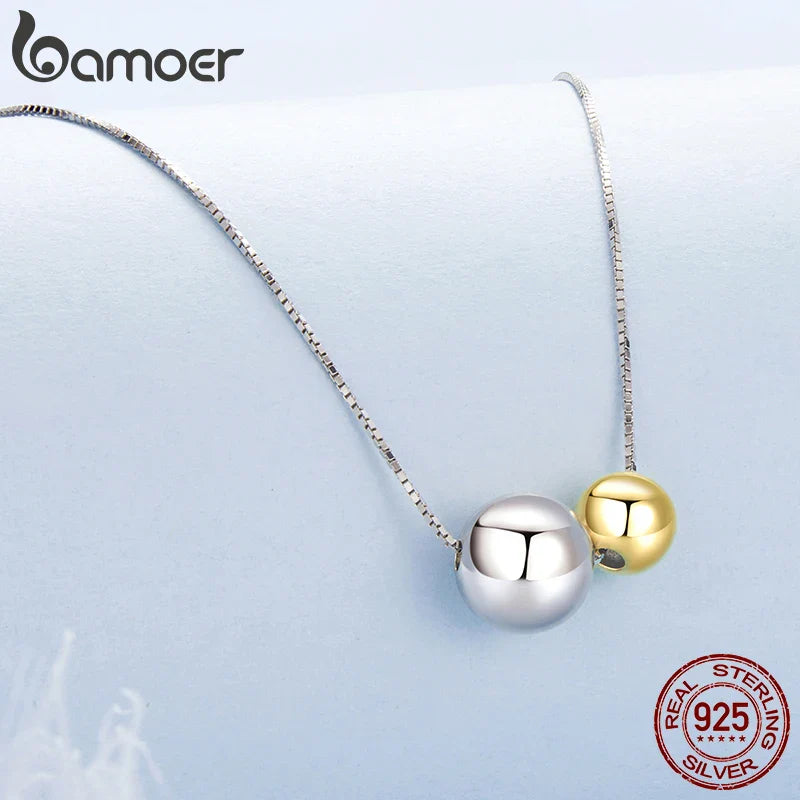 BAMOER 925 Sterling Silver Round Ball Beads Pendant Necklace Fashion Waterproof Metal Daily Gold Plated Trendy Jewelry for Women