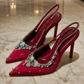 Luxury Diamonds Designer High Heels Women Satin Pointy Toe Pumps Rhinestone Sandals Female Shiny Sexy Wedding Dress Party Shoes