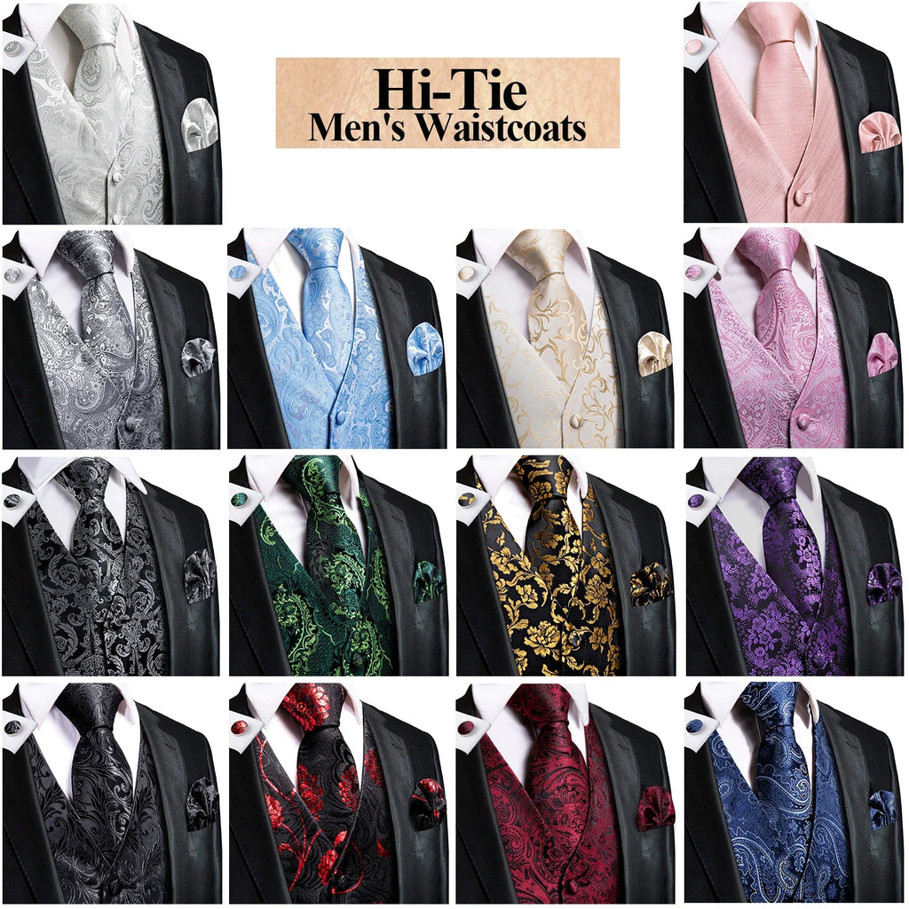 Dark Purple Men Vest Elegant Silk Paisley Jacquard Waistcoat Jacket NeckTie Hanky Cufflinks for Men Business Party Hi-Tie