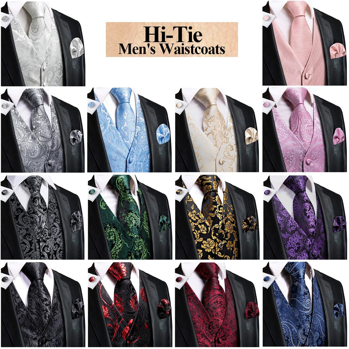 High Quality Silk Mens Vests Pink Gray Floral Waistcoat Tie Hanky Cufflinks Brooch Set for Men Suit Wedding Office Gift
