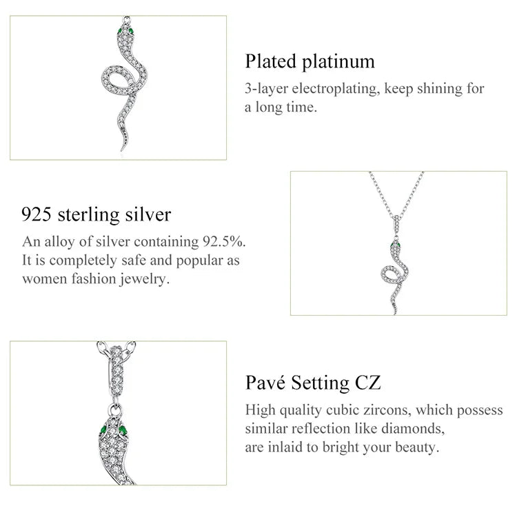 925 Sterling Silver Snake Pendant Necklace Pave Setting CZ for Women Adjustable Chain Link Fine Jewelry Party Gift