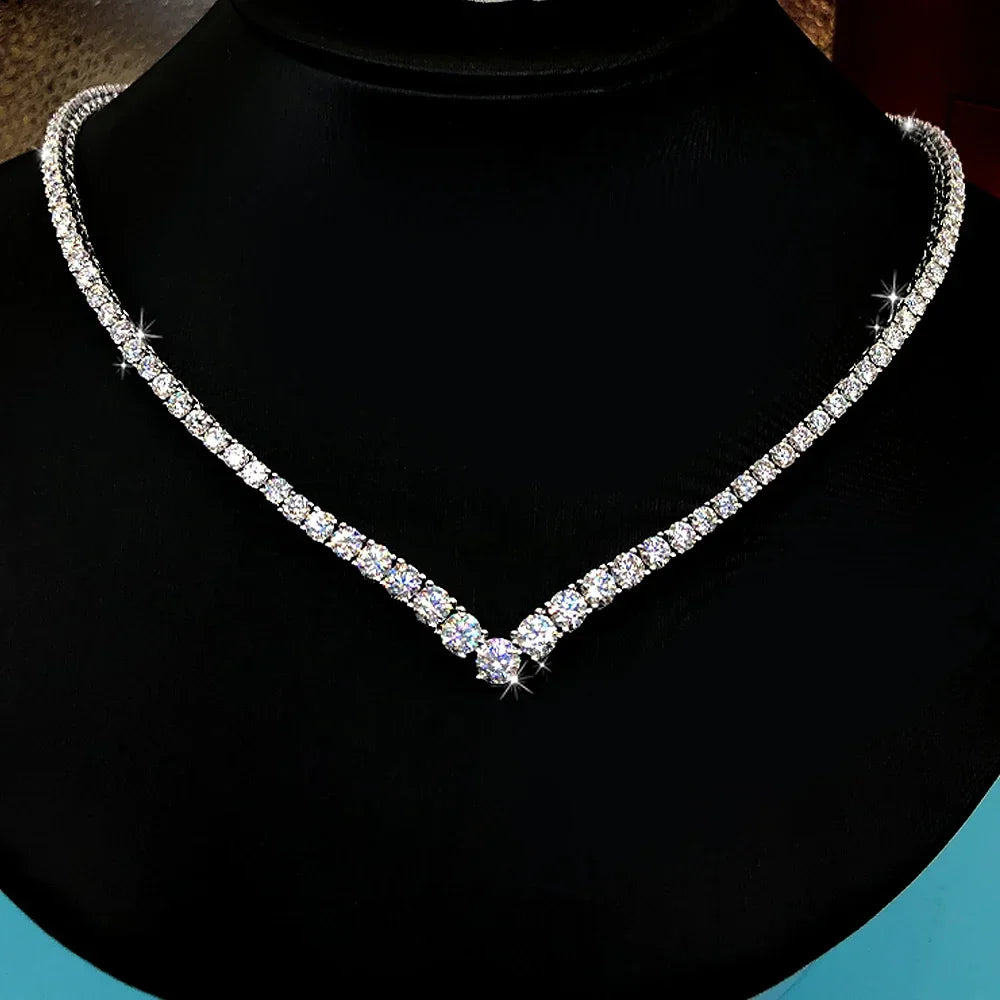 Luxury V-shaped All Moissanite Diamond Tennis Necklace Certified For Women 925 Sterling Silver Choker Bride Collarbone Necklaces
