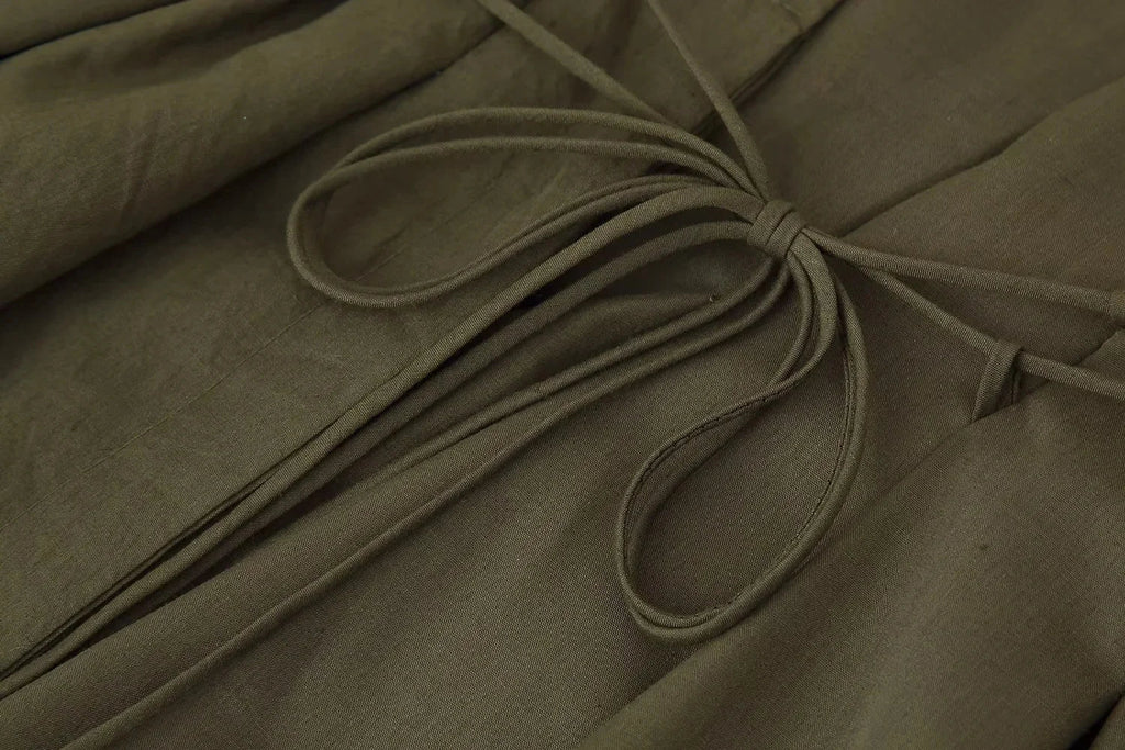 2026 Spring Summer Vintage Women Dress Fashion Single Breasted Sashes Draped V Neck Sleeveless Chic Brown Ladies Dresses