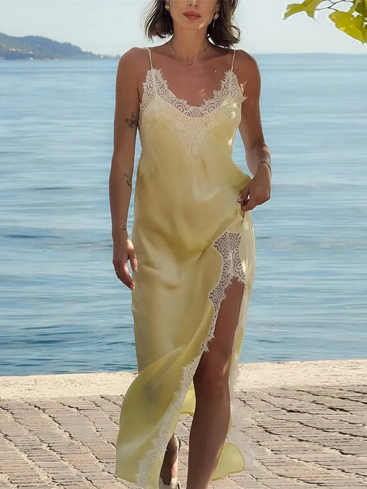 Yellow V Neck Satin Lace Patchwork Maxi Dress Chic Spaghetti Strap Backless Slip Robe 2026 Summer New Lady Beach Holiday Vestido
