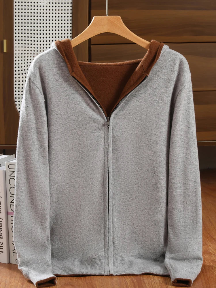 Double-Sided Hooded Zippered Men's Cashmere Cardigan Autumn and Winter Contrasting Color Thickened Loose Casual Knitted Sweater