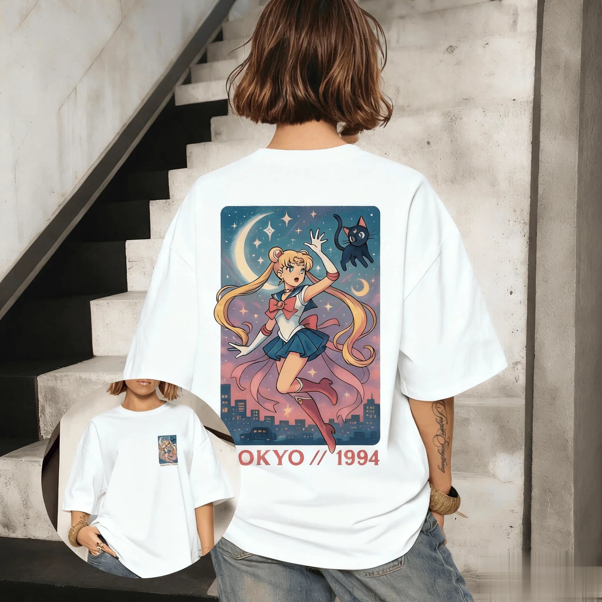 تيشيرت Sailor Moon Anime Graphi للرجال والنساء كبير الحجم بأكمام قصيرة كاجوال ملابس الشارع الصيفية ملابس Y2k برسومات علوية