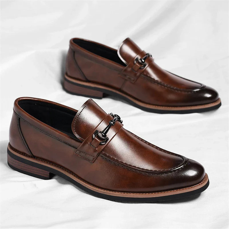 Mens Brown Burnished Genuine Leather Horsebit Loafers Slip On Formal Business Office Wedding Groom Daily Wear Shoes Simple New