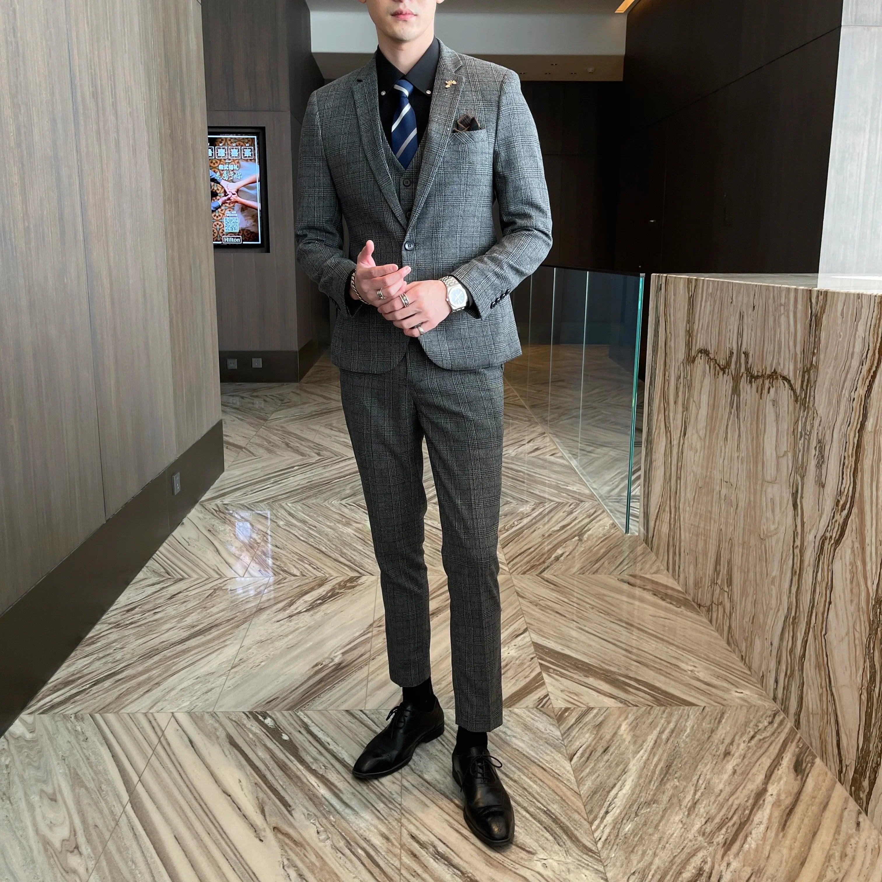British Modified Plaid Three-Piece Suit for Men - Stylish Business Casual Suit Vest And Trousers Set