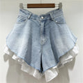 New Fashion Women's Patchwork Hem Wash Denim Shorts 2025 Summer Trendy High Waist A-line Short Pants Female 1LS1393