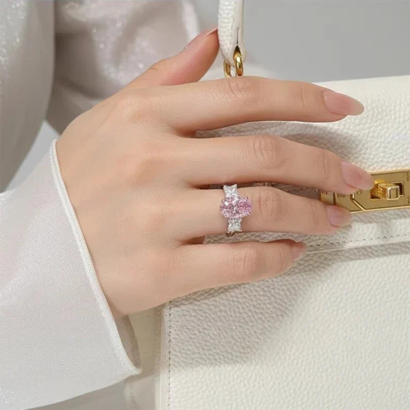 S925 Silver Ring 8 * 12mm Elliptical Zircon Powder Ice Flower Cut Ring Sweet Wind Jewelry