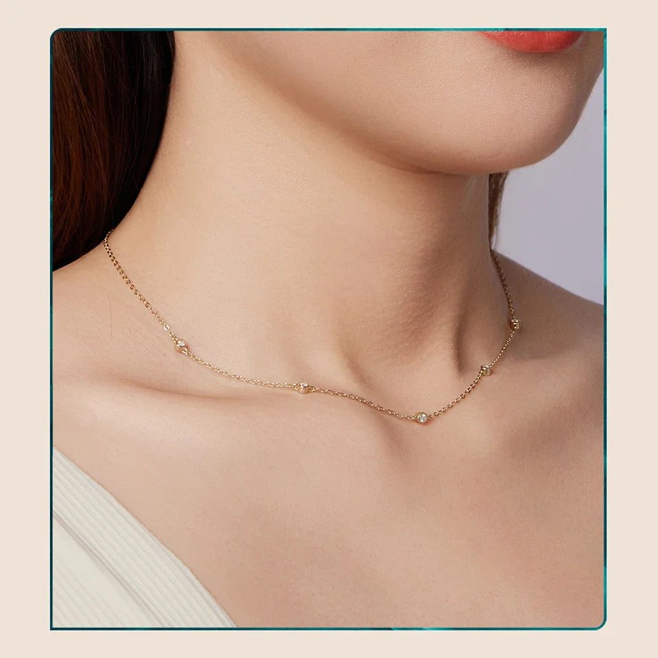 925 Sterling Silver Moissanite Layering Necklace, Gold Plated Adjustable Link Chain Necklace for Women Station Necklace