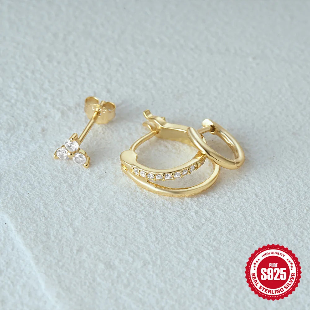 925 Sterling Silver 3PCS Zircon Double Layer Hoop Earrings For Women Minimalism Ins Earrings Fine Jewelry Party Gift