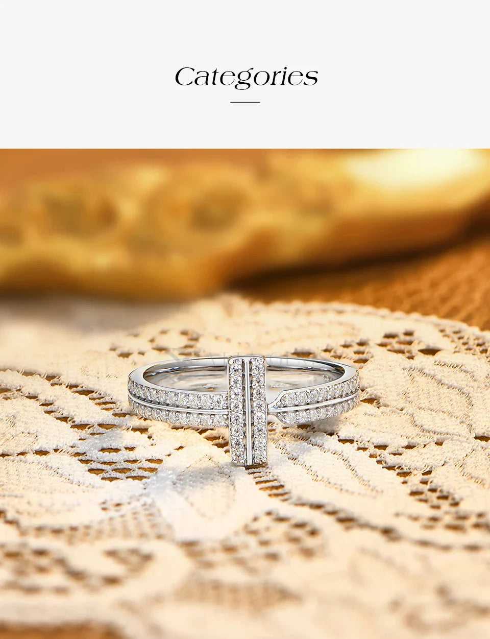 925 Sterling Silver Moissanite T-Bar Ring Double Band Paved Luxury Design Rings for Women Engagement Party Jewelry Gift