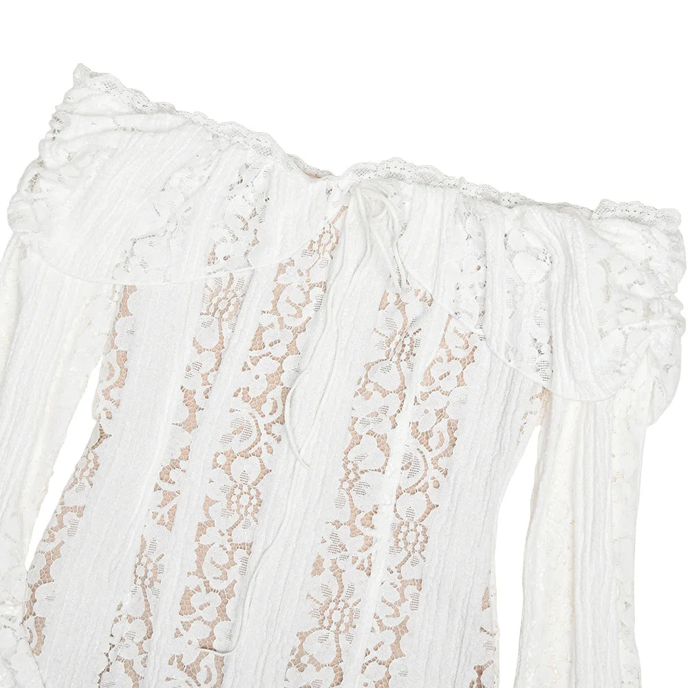 Oligai Elegant Off The Shoulder Bodycon Dress 2024 New in White Flare Sleeve Lace Maxi Dress Wedding Guest Dress for Women