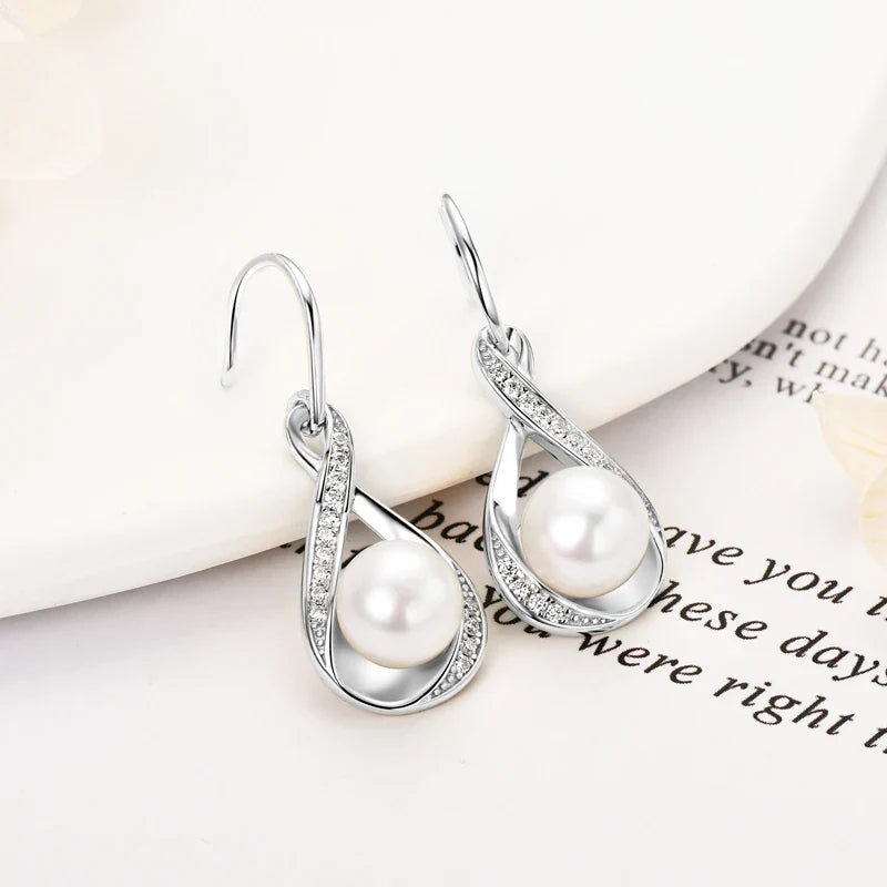 Moissanite Natural Freshwater Pearl Infinity Pendant Necklace & Earrings Sets for Women 925 Sterling Silver Wedding Jewelry Set