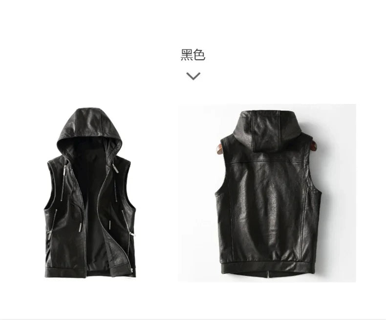 Spring Autumn Luxury Elegant Cool Black Pu Leather Vest for Men with Hood Zipper Sleeveless Jacket Men Clothing 2023