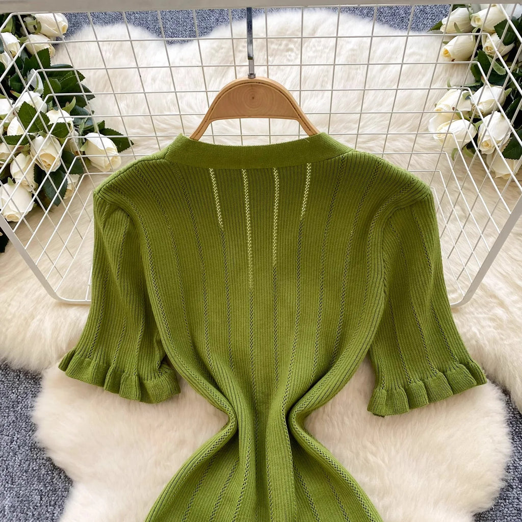Brand Fashion Vintage Knitted Long Dress Spring Summer Women Elegant V-neck Ruffled Bodycon Sweater Dress Party Vestido