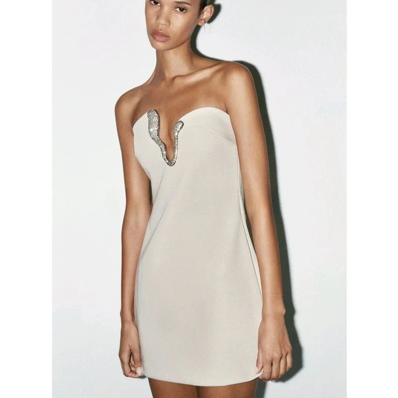 Summer New Women's Asymmetric Collar Jewelry Embellied Patchwork Lined ort Dr Ele High Waist Svel Bodycon
