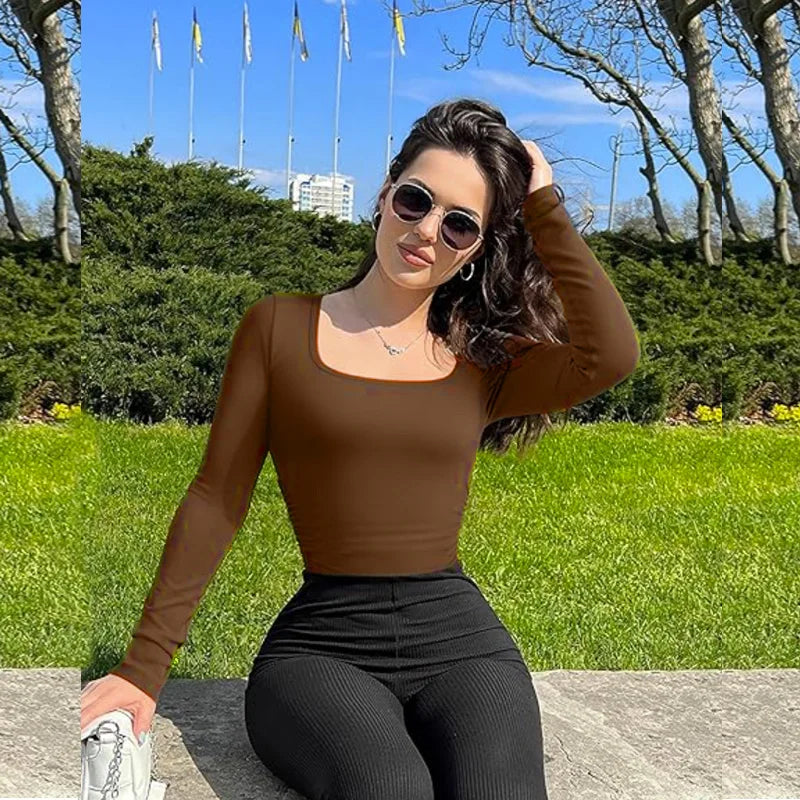 GUUDIA Open Crotch Big U Neck Seamless Bodysuit Long Sleeve Spandex Elastic Body Suit Shapewear Tummy Control Waist Shapers