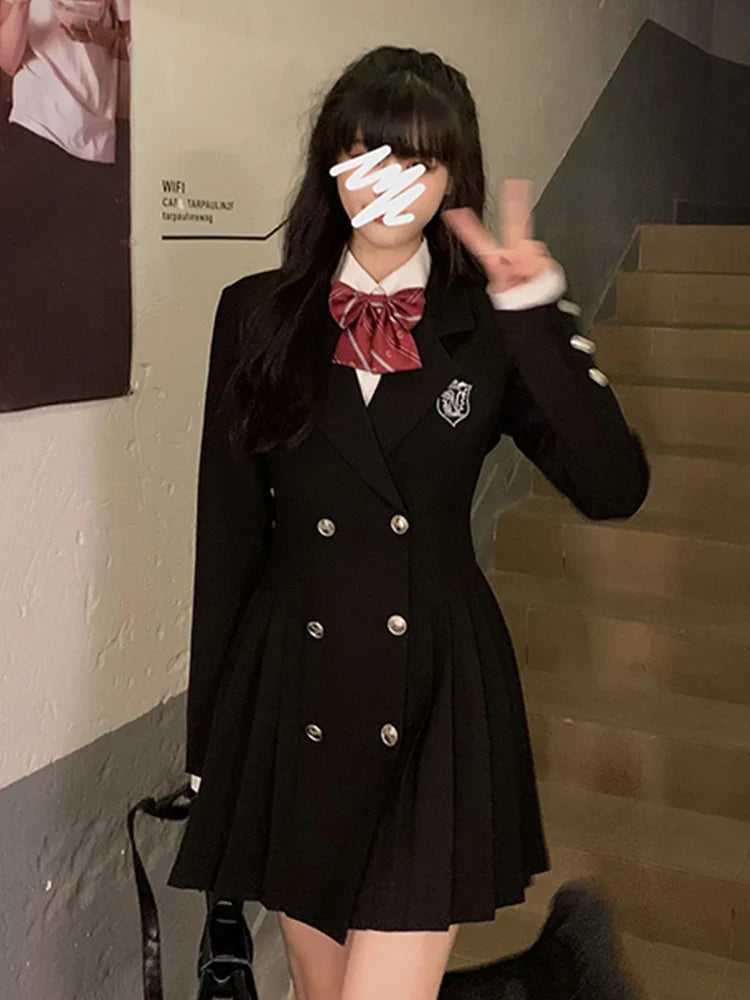 Sweet Style Suit Dress Korean Drama Main Character Waist Cinched Beautiful  Skirt College Style High Waist Double Breaste...