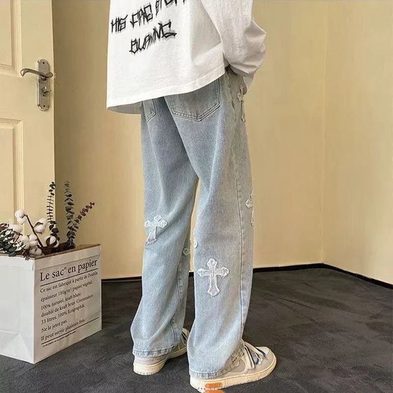 Vintage Men's Straight Jeans Cross Embroidery Casual Jeans Denim Loose Hip Hop Four Seasons Fashion Streetwear Pants Black Blue