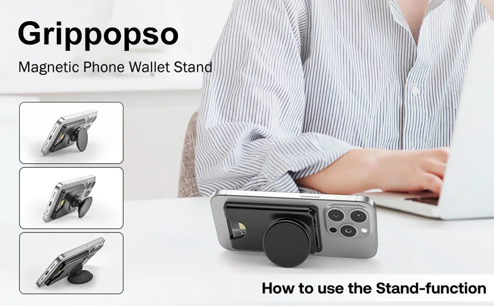 Grippopso Universal Magnetic Wallet With Expanding Phone Grip,Phone Card Holder Solid SocketWallet For IPhone Samsung Wallets