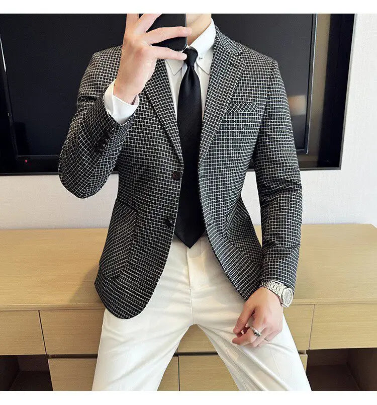 Men's Elegant Grid Suit Jacket 2026 Spring New Fashion Slim Blazer Jackets Social Prom Dress Jacket Men's High Quality Clothing