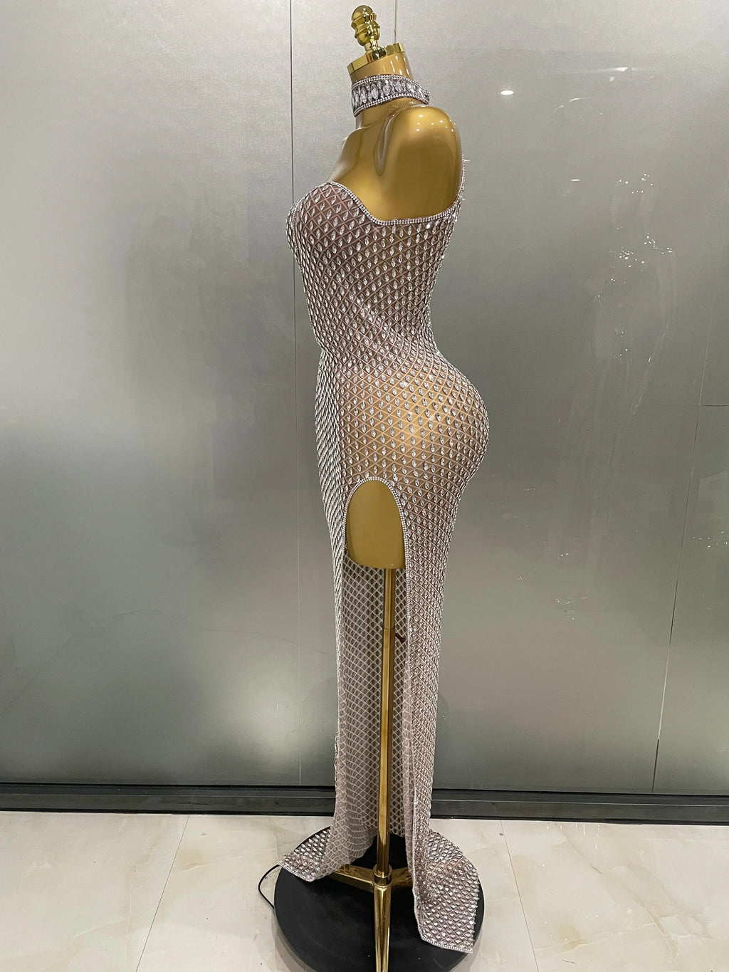 2025 Luxurious Full Rhinestones Mesh Transparent Long Dress Women Birthday Celebrate Evening Prom Dress Party Club Stage Costume