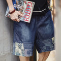 Men's American Retro Slub Texture Washed Denim Shorts Vintage Cloth Spliced Five Inch Loose Casual Workwear Daily Trousers