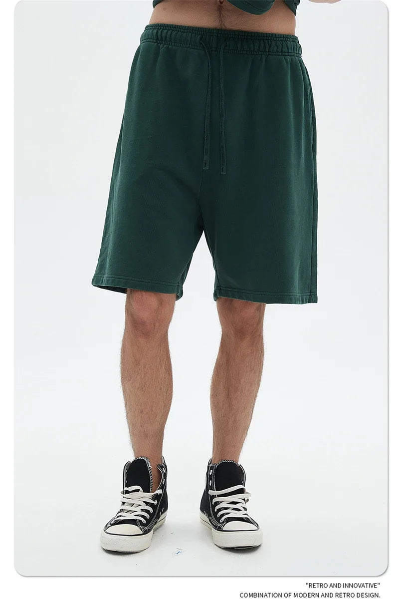 Fashion Summer Men 420gsm Washed Cotton Shorts Retro Unisex High Street Terry Knee Length Short Pants Streetwears HY0845