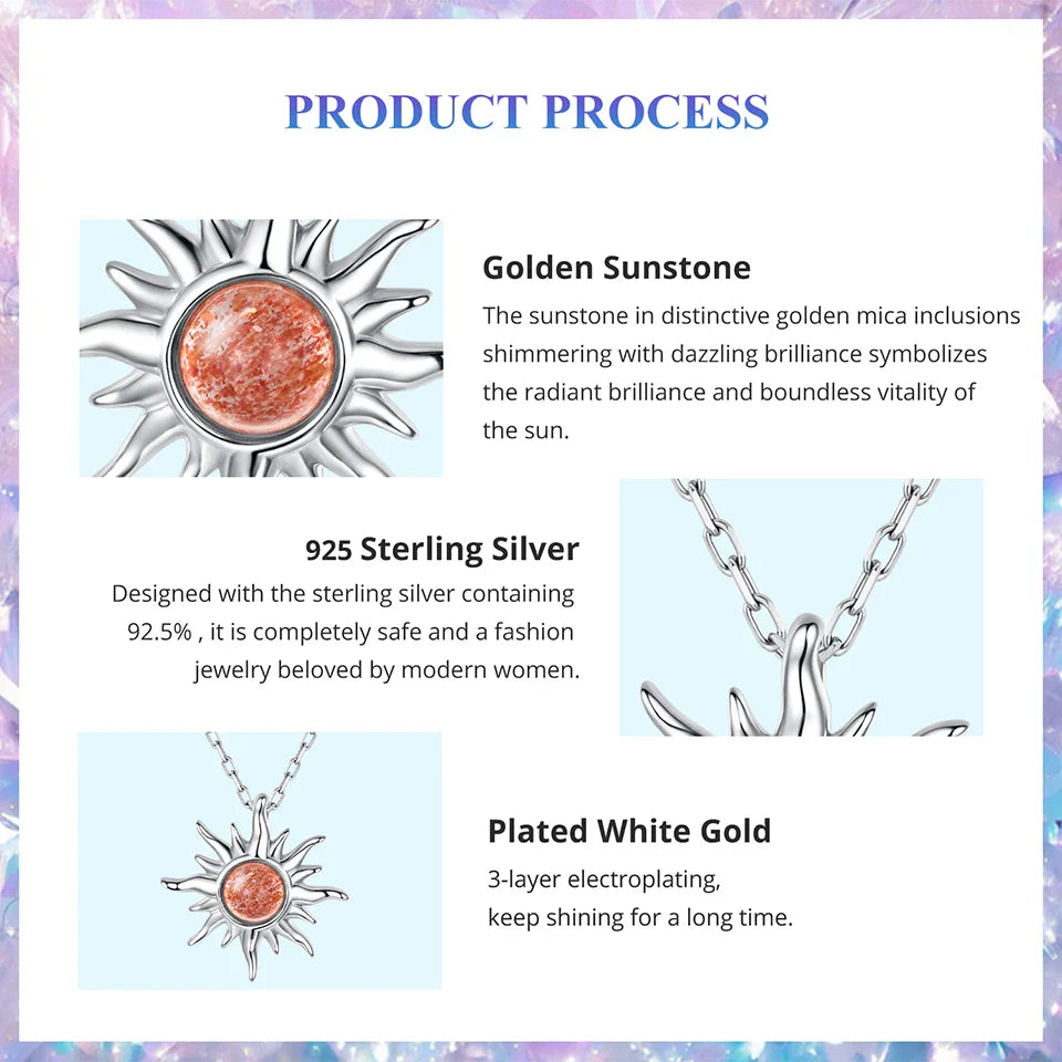 925 Sterling Silver Golden Sun Necklace Natural Sunstone Gem Pendant Necklace Beads Link Chain Women Mother Lucky Gift