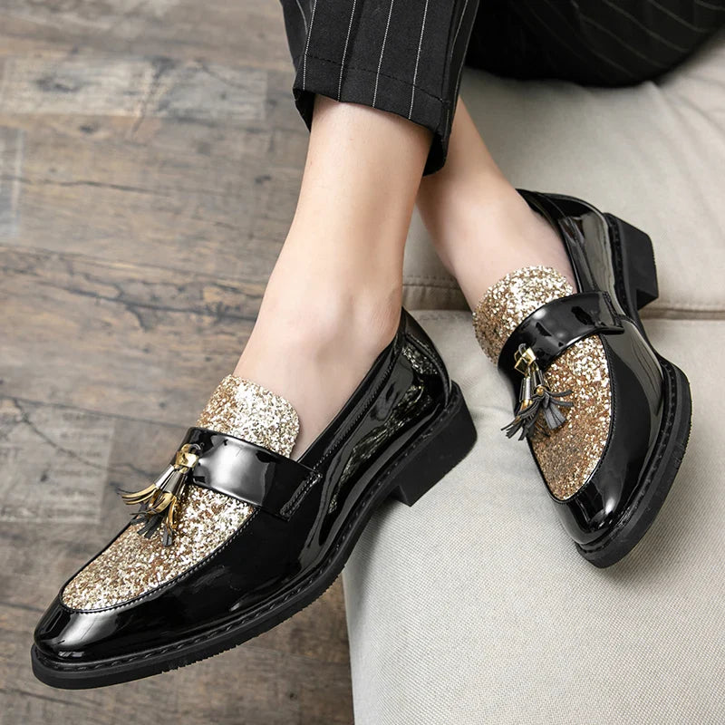Men's Sequined Leather Dress Shoes – Shiny Formal Party Footwear, Black/Gold, EU 40–47