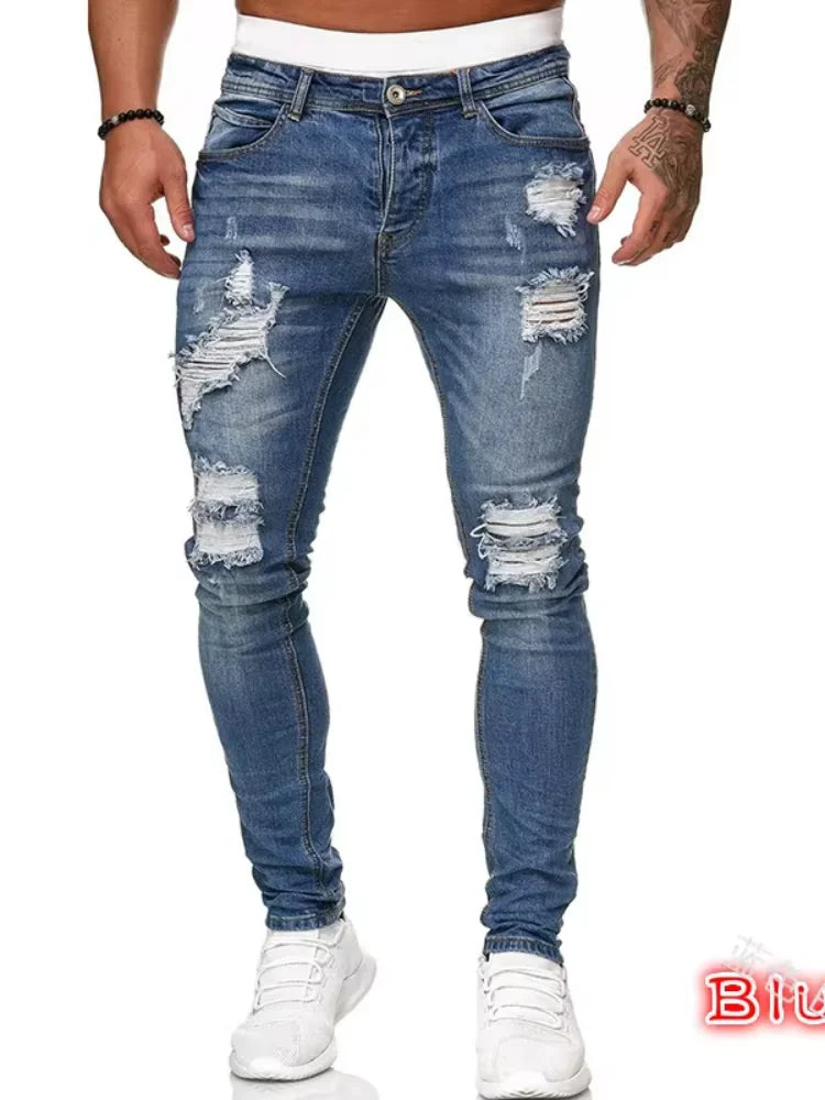 Fashion Street Style Ripped Skinny Jeans Men Vintage wash Solid Denim Trouser Mens Casual Slim fit pencil denim Pants hot sale
