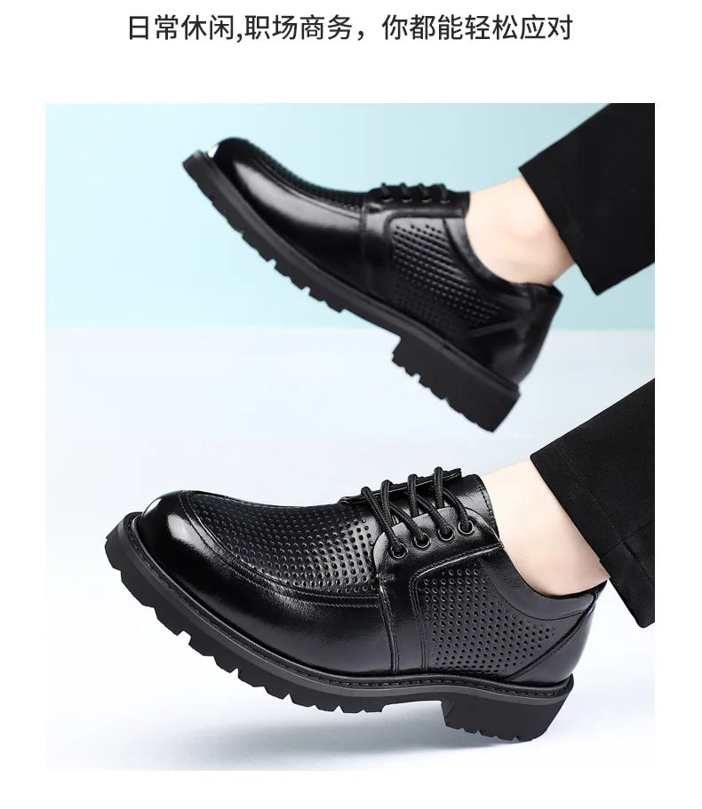 2026 Summer New Hallow Leather Shoes for Men Black Fashion Business Dress Shoes Male Lace Designer Platform Shoe Man