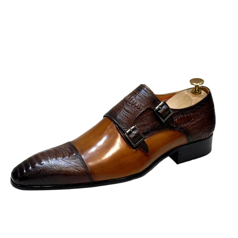 Men's Handmade Brown Monk Shoes Double Buckle Genuine Cow Leather Luxury Wedding Business Formal Basic Men's Footwear