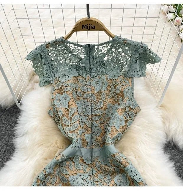 Retro Court Sle round Ne Fly Sve Slimming Soluble Hook Flower Hollow A-Line Dr Summer New Arrival Women's Faion