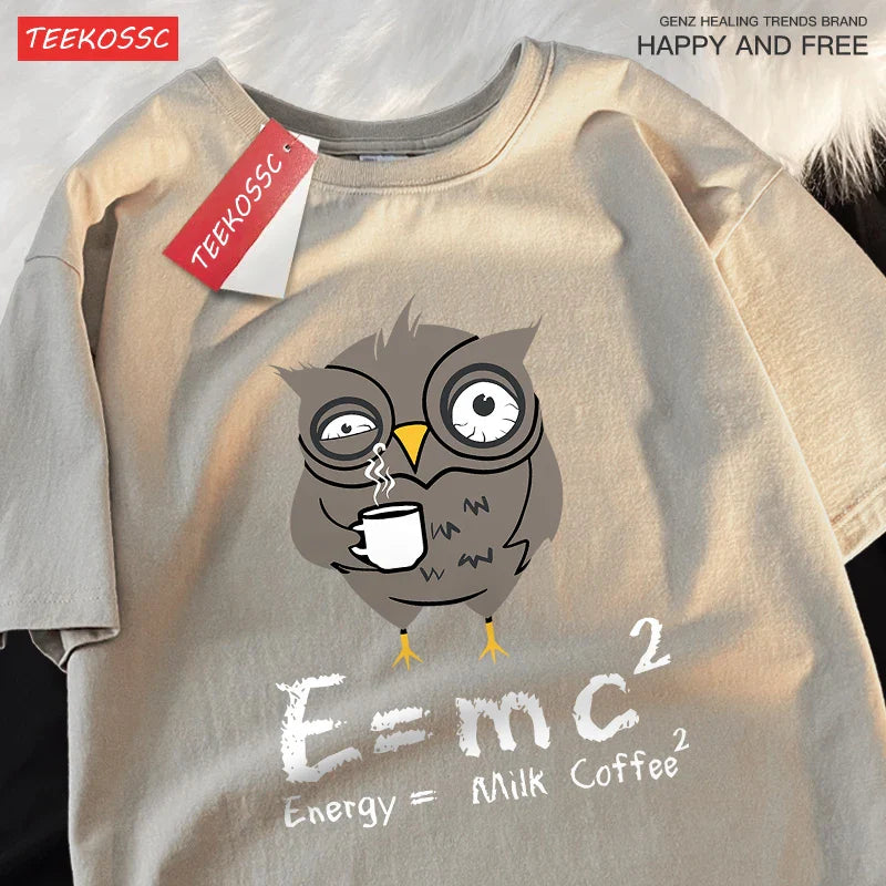 تي شيرت رجالي مطبوع عليه شعار "Energy Milk Coffee Fun Formula" من القطن بياقة مستديرة وتصميم فضفاض كبير الحجم مناسب للشارع ومناسب للزوجين