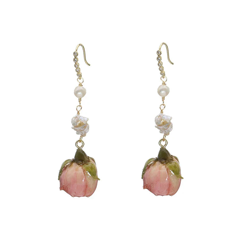 Natural Freshwater Pearl Enamel Resin Flower Earrings Korean Style Women's Luxury Vintage Jewelry Fashion Ladies and Girls Gift