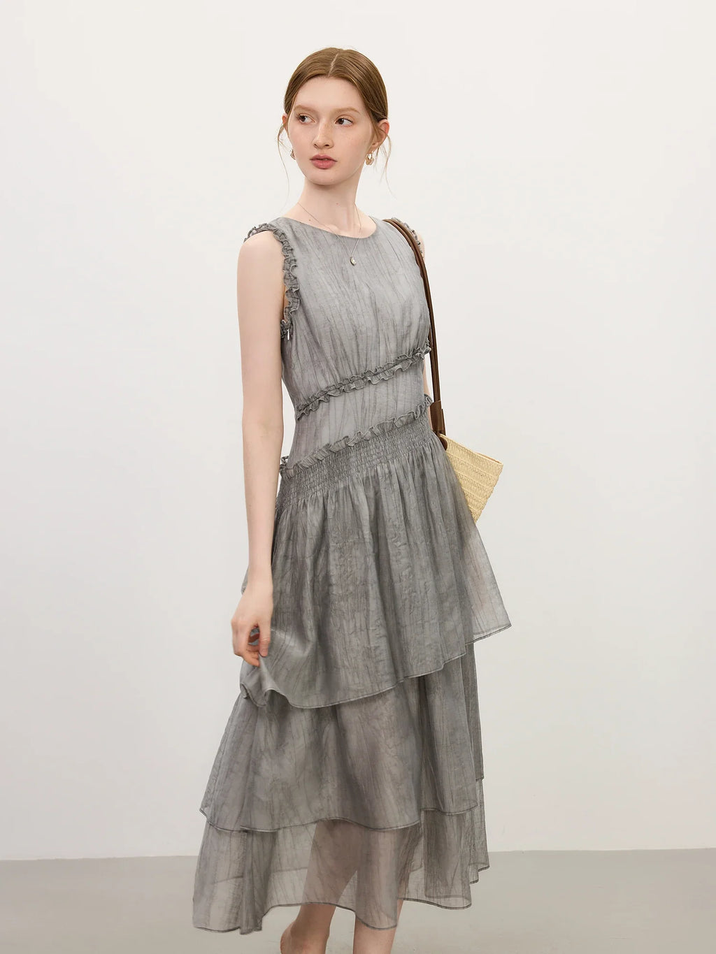 Summer 2025 Textured Pleat Dress - Fluid Asymmetric Hem Sleeveless Resort to Office Elegant Silhouette
