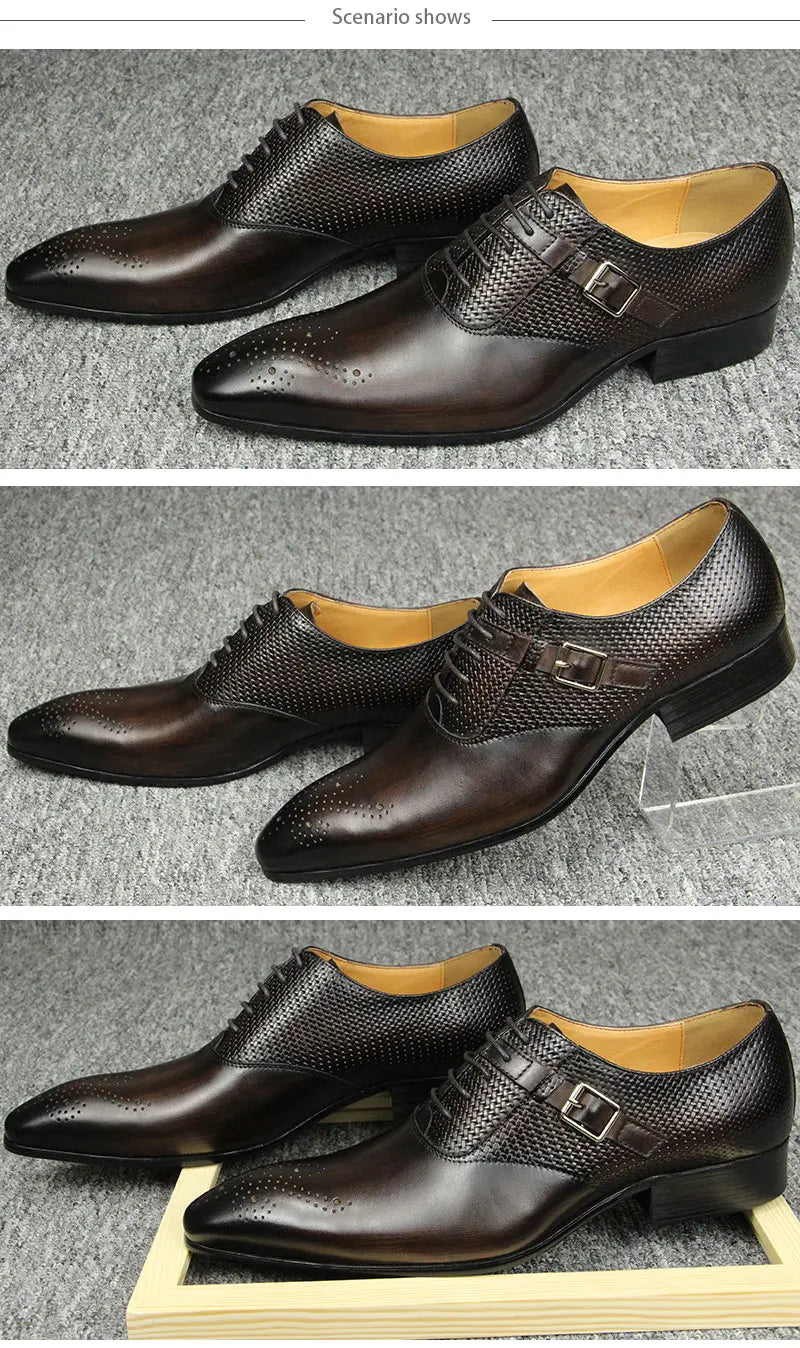 Luxury Mens Business Genuine Leather Shoes Fashion Wedding Oxfords Lace-up Pointed Toe Black Green Coffee Brogues Dress Shoes